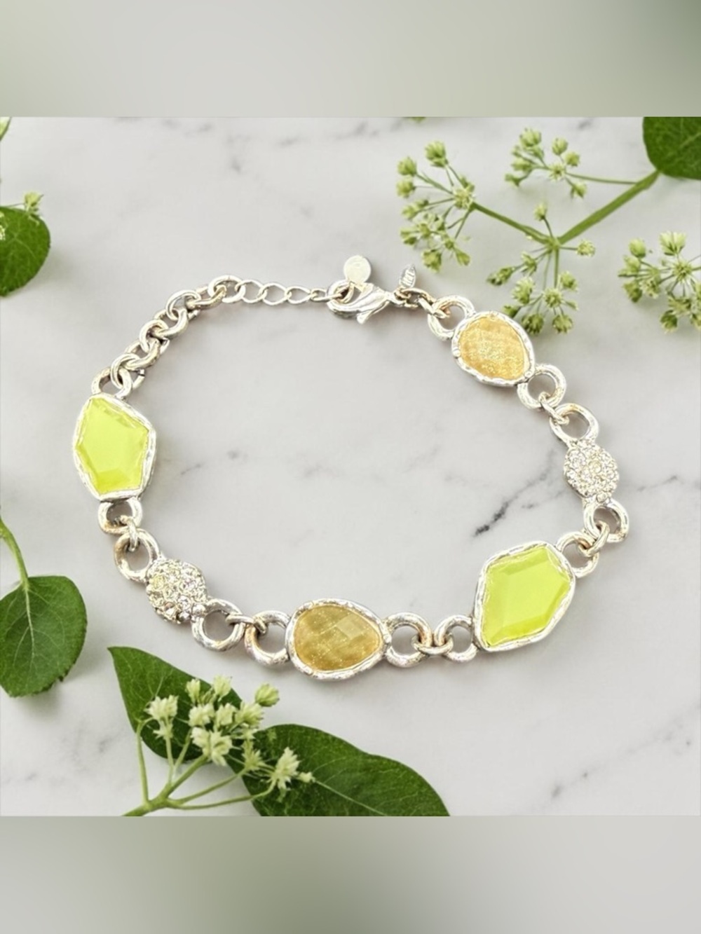 Avon Silver-Tone Bracelet with Lime Green and Pale Yellow Stones